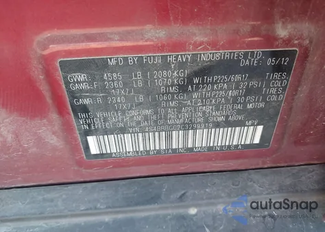 2012 Subaru Outback 2.5I Premium z USA, uszkodzony, nr VIN 4S4BRBGC2C3299919